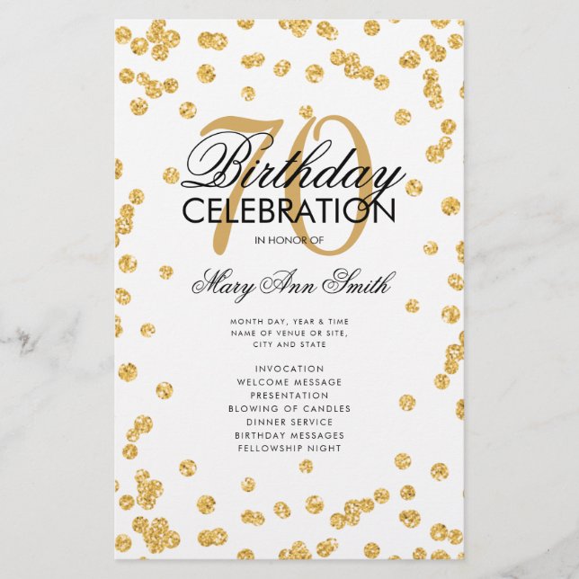 70th Birthday Party Program Gold Glitter w/ Menu (Front)