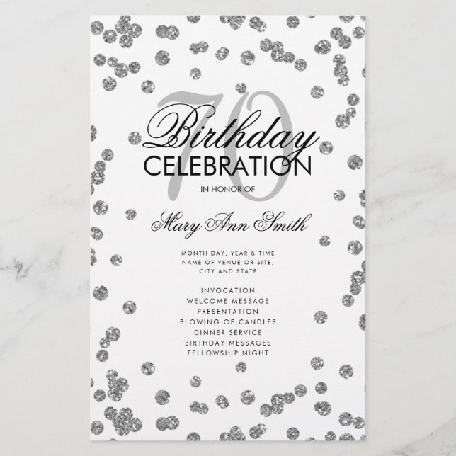 70th Birthday Party Program Silver Glitter w/ Menu (Front)