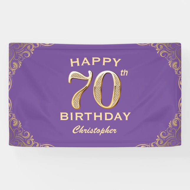 70th Birthday Party Purple and Gold Glitter Frame Banner (Horizontal)