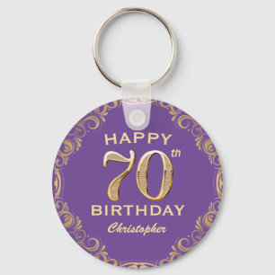 70th Birthday Party Purple and Gold Glitter Frame Key Ring