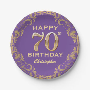 70th Birthday Party Purple and Gold Glitter Frame Paper Plate