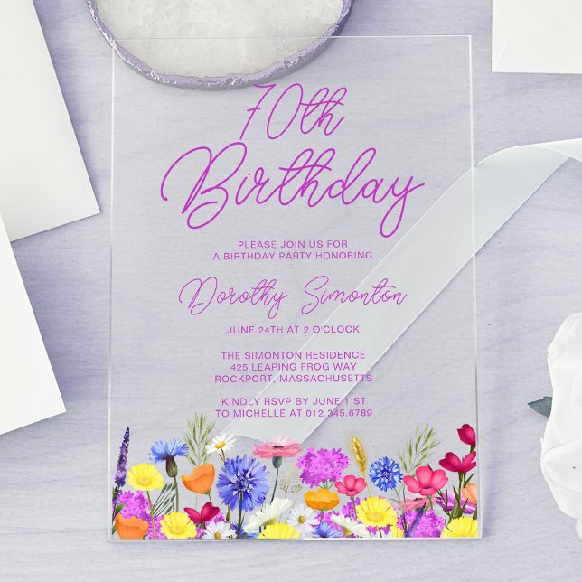 70th Birthday Party Purple Boho Wildflower Acrylic Invitations (Creator Uploaded)
