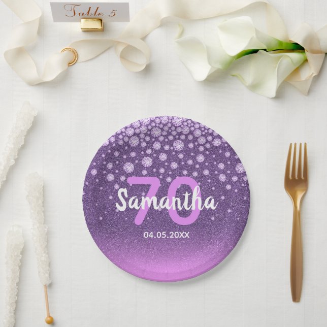 70th birthday party purple pink glitter name paper plate (Wedding)
