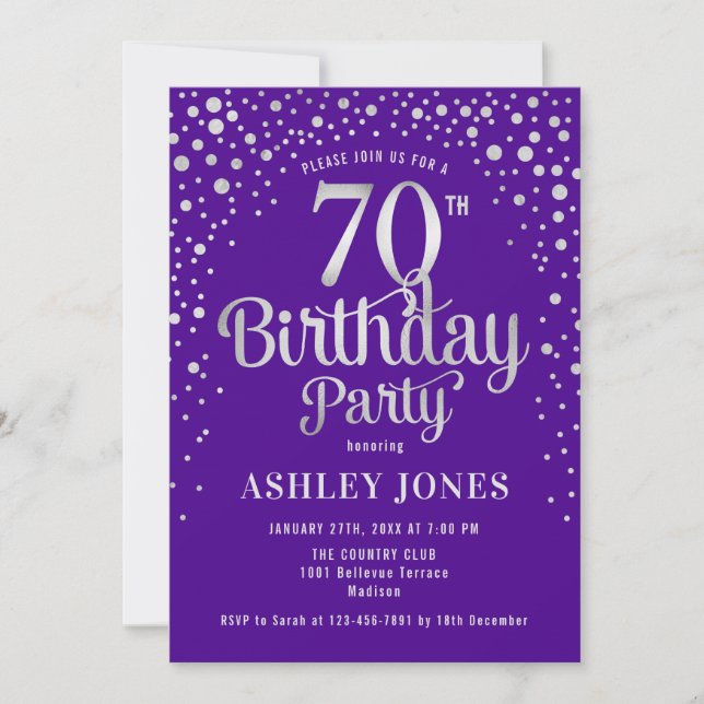 70th Birthday Party - Purple & Silver Invitation (Front)