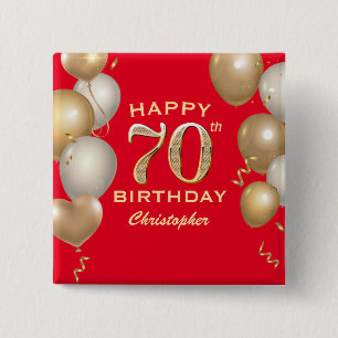70th Birthday Party Red and Gold Balloons 15 Cm Square Badge