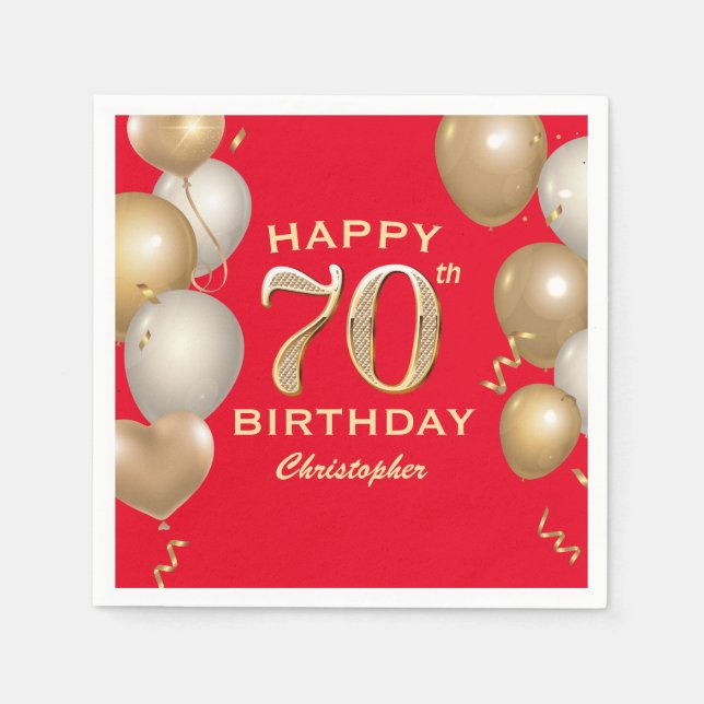 70th Birthday Party Red and Gold Balloons Napkin (Front)