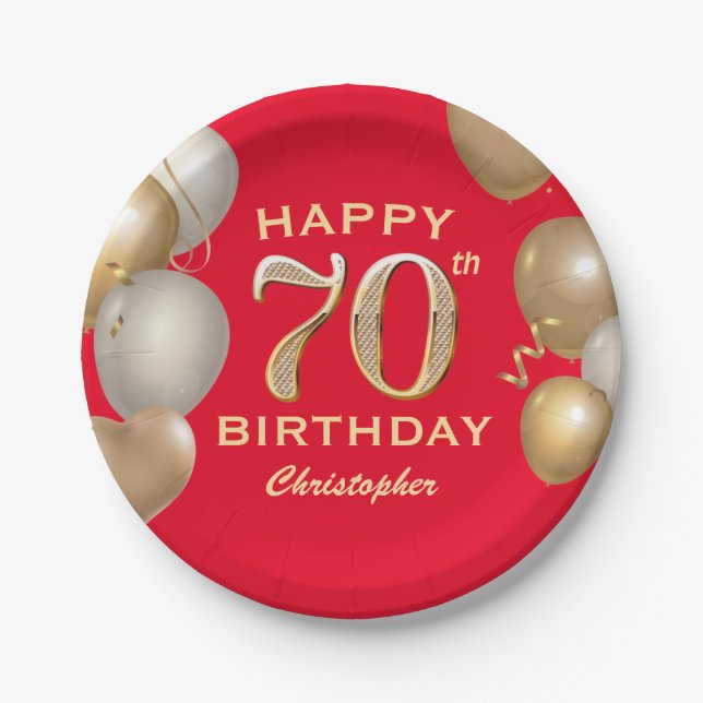 70th Birthday Party Red and Gold Balloons Paper Plate (Front)