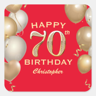 70th Birthday Party Red and Gold Balloons Square Sticker