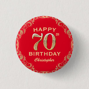 70th Birthday Party Red and Gold Glitter Frame 3 Cm Round Badge