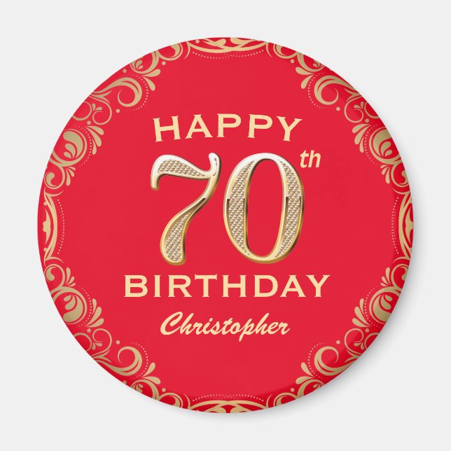 70th Birthday Party Red and Gold Glitter Frame Magnet (Front)