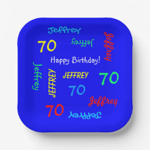 70th Birthday Party Repeat Name Royal Blue Square Paper Plate