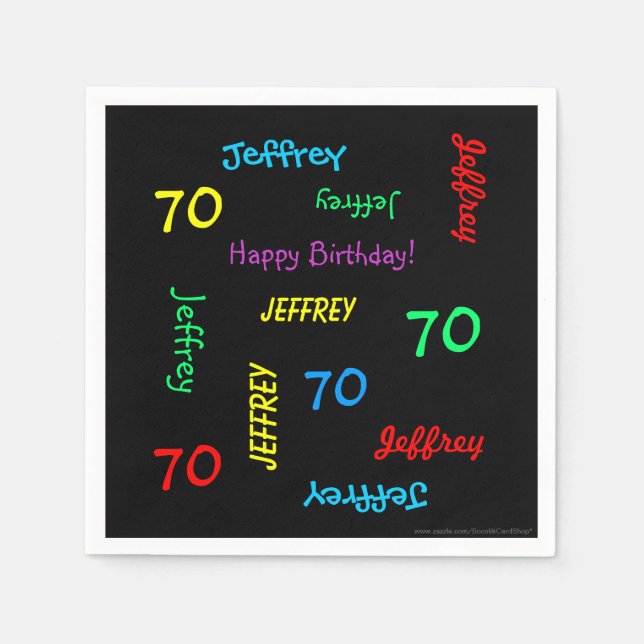 70th Birthday Party Repeating Name Age Black Paper Napkin (Front)