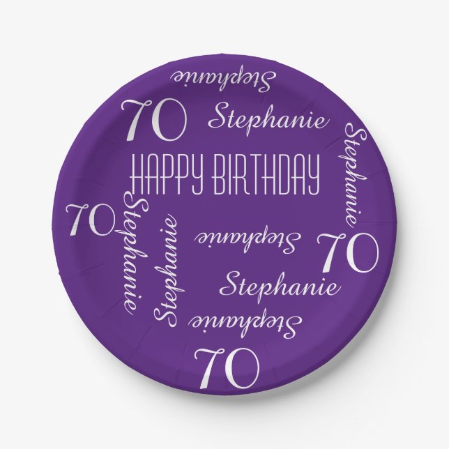 70th Birthday Party Repeating Names Classy Purple  Paper Plate (Front)