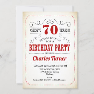 70th Birthday Party - Retro Creamy White and Red Invitation