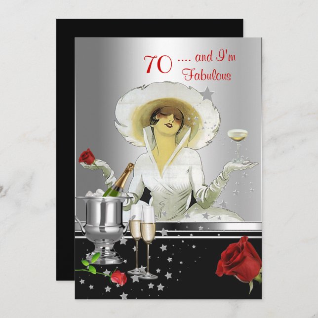 70th Birthday Party Retro Diva Art Deco Red Silver Invitation (Front/Back)