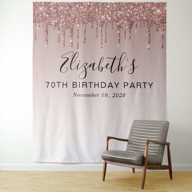70th Birthday Party Rose Gold Glitter Backdrop Tapestry (In Situ)