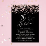 70th Birthday Party Rose Gold Glitter Black Invitation<br><div class="desc">Chic black 70th birthday party invitation featuring "70 & Fabulous" in a stylish light rose gold script and rose gold faux glitter confetti.</div>