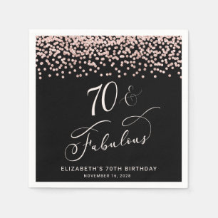 70th Birthday Party Rose Gold Glitter Black Napkin