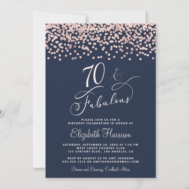 70th Birthday Party Rose Gold Glitter Blue Invitation (Front)