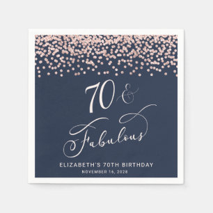 70th Birthday Party Rose Gold Glitter Blue Napkin