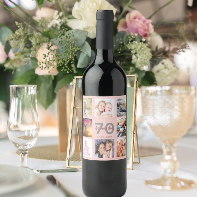 70th birthday party rose gold photo collage wine label (Creator Uploaded)