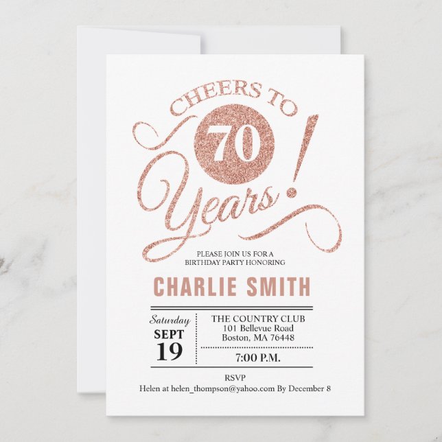 70th Birthday Party - Rose Gold White Invitation (Front)
