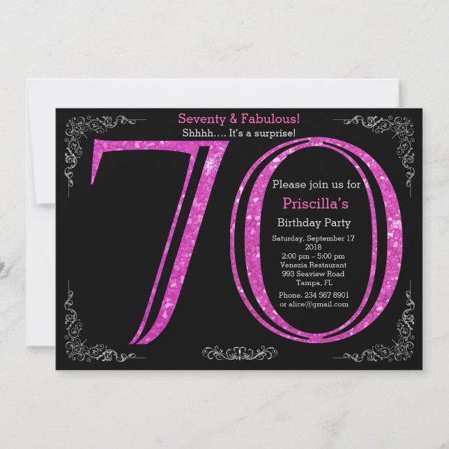 70th, Birthday party, Seventy, Gatsby,black silver Invitation (Front)