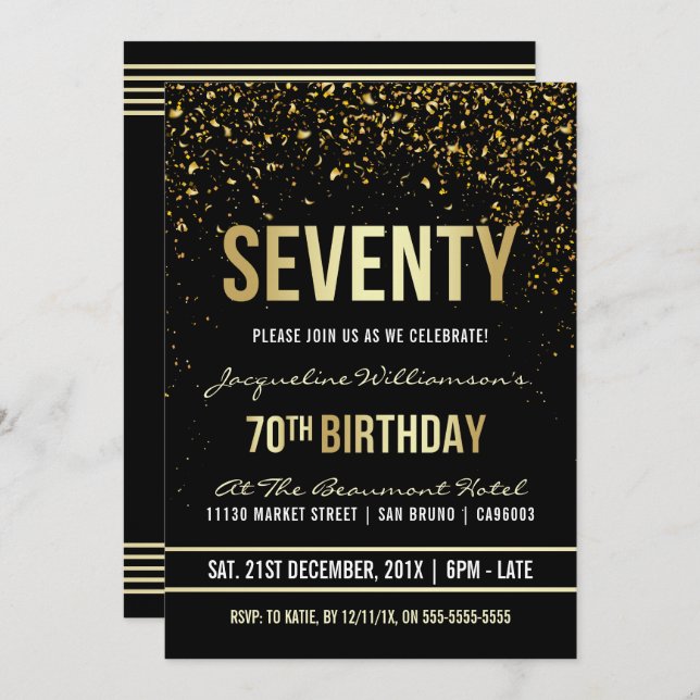 70th Birthday Party | Shimmering Gold Confetti Invitation (Front/Back)