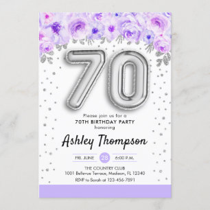 70th Birthday Party - Silver Balloons Purple Invitation
