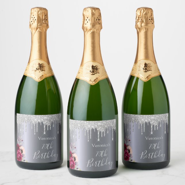 70th birthday party silver glitter drips floral sparkling wine label (Bottles)