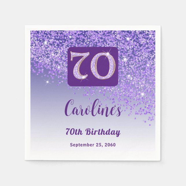 70th Birthday Party Sparkle Purple Glitter Napkin (Front)