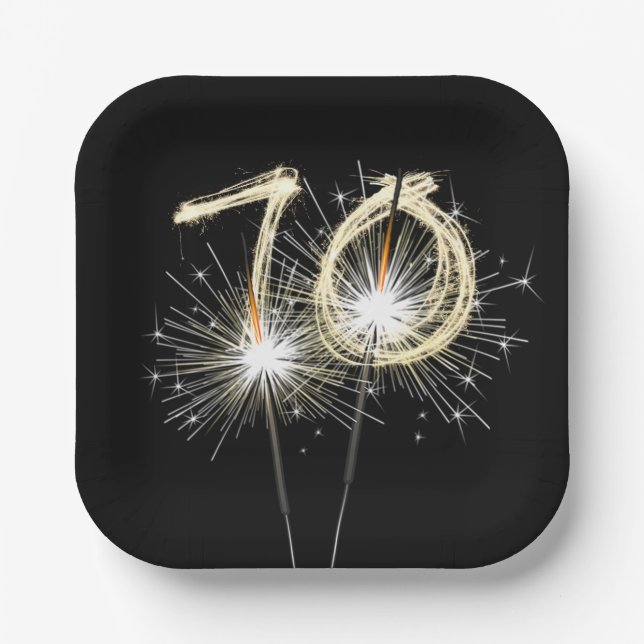 70th Birthday Party Sparklers on Black  Paper Plate (Front)