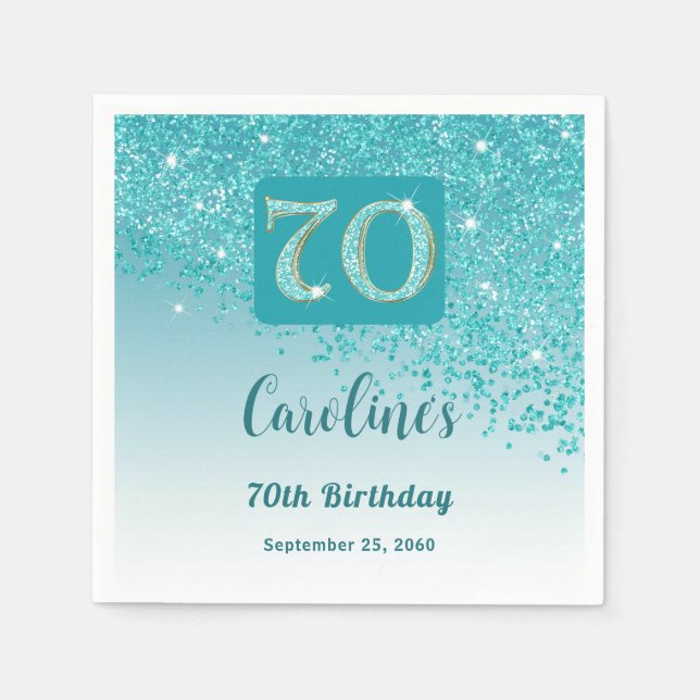 70th Birthday Party Sparkling Teal Blue Glitter Napkin (Front)