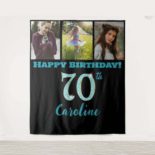 70th Birthday Party, Teal Blue Glitter & 3 photos Tapestry (Front)