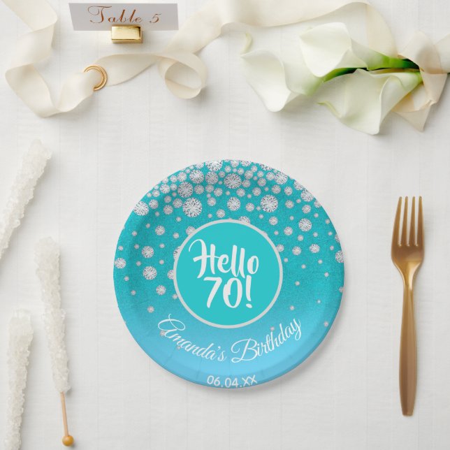 70th birthday party teal blue glitter diamomds paper plate (Wedding)