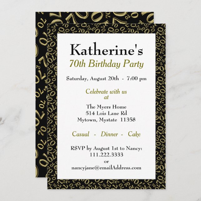 70th Birthday Party Theme - Gold and Black Pattern Invitation (Front/Back)