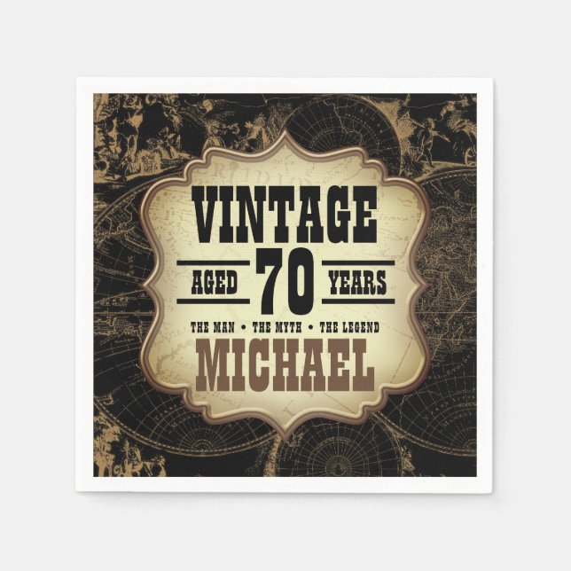 70th Birthday Party Vintage Theme Custom Name Napkin (Front)