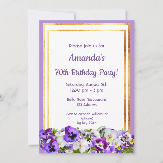 70th birthday party violet pansies flowers gold invitation (Front)