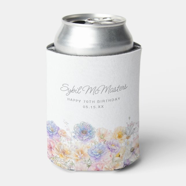 70th Birthday Party Watercolor Floral Custom Can Cooler (Can Front)