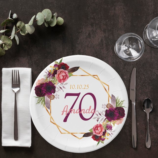 70th birthday party white gold geo floral burgundy paper plate (Creator Uploaded)