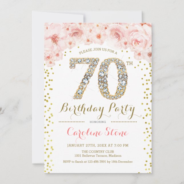 70th Birthday Party - White Gold Pink Invitation (Front)