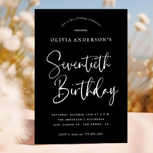 70th Birthday Party   White on Black Typography Invitation