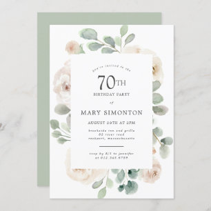 70th Birthday Party White Rose Floral Invitation