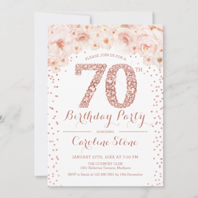 70th Birthday Party - White Rose Gold Invitation (Front)