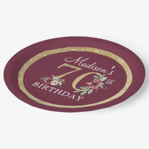 70th Birthday Personalised Burgundy Gold Paper Plate