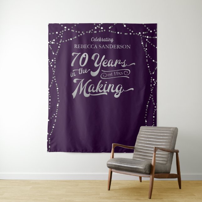 70th Birthday Photo Backdrop Purple and Silver Tapestry (In Situ)