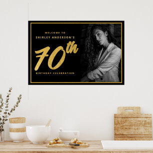 70th Birthday Photo Black Faux Gold Leaf Elegant Poster