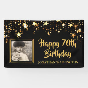 70th Birthday Photo Black Gold Stars Personalised Banner