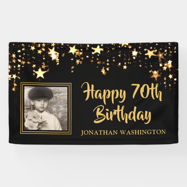 70th Birthday Photo Black Gold Stars Personalised Banner (Horizontal)