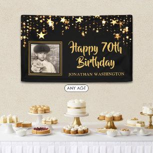 70th Birthday Photo Black Gold Stars Personalised Banner